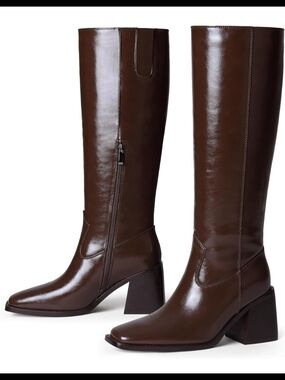 Adolilove Women Knee High Boots Low Chunky Block Heel Square Toe Faux Leather